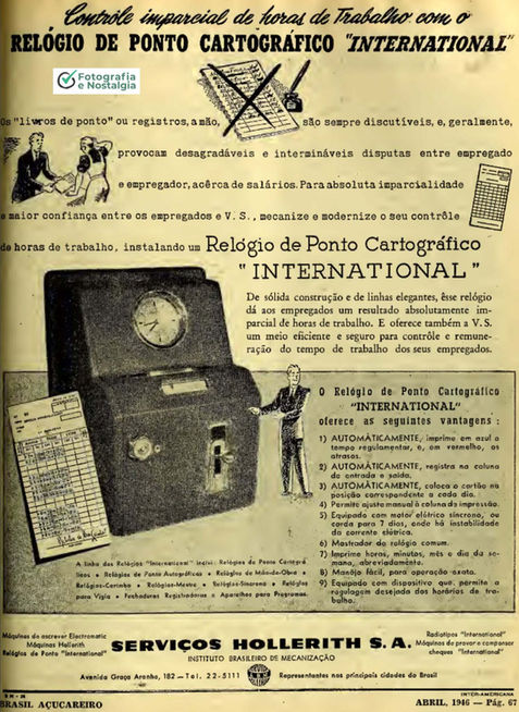 Propaganda "Relógio de ponto cartográfico International", 1946, Serviços Hollerith / Instituto Brasileiro de Mecanização, Brasil