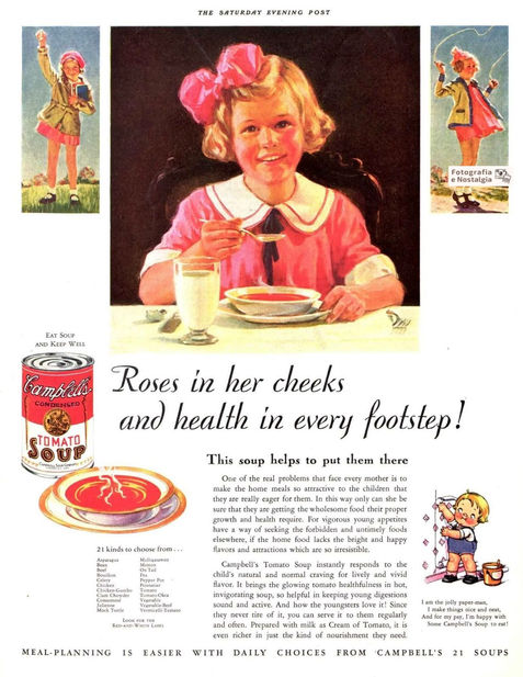 Propaganda "Roses in her cheeks and health in every footstep!", 1932, Tomato Soup, Campbell's, Estados Unidos