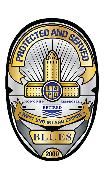 Illustration of a badge with "Protected and Served," "LAPD," "Retired," and "Blues" text. Features gold and blue accents and a building motif.