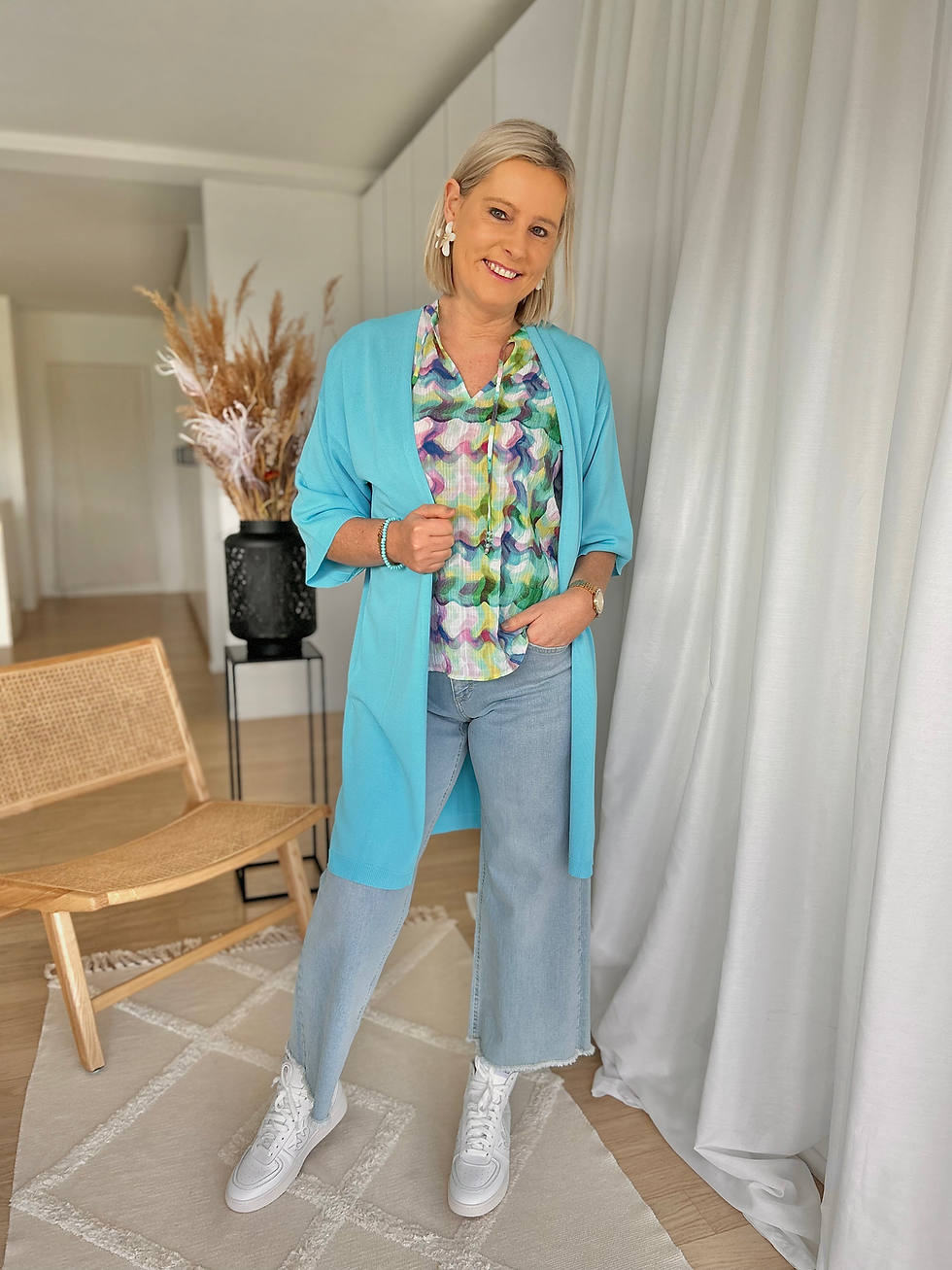 Thumbnail: 63782 Aquablauwe cardigan in tricot-kwaliteit met 3/4e mouw Senso