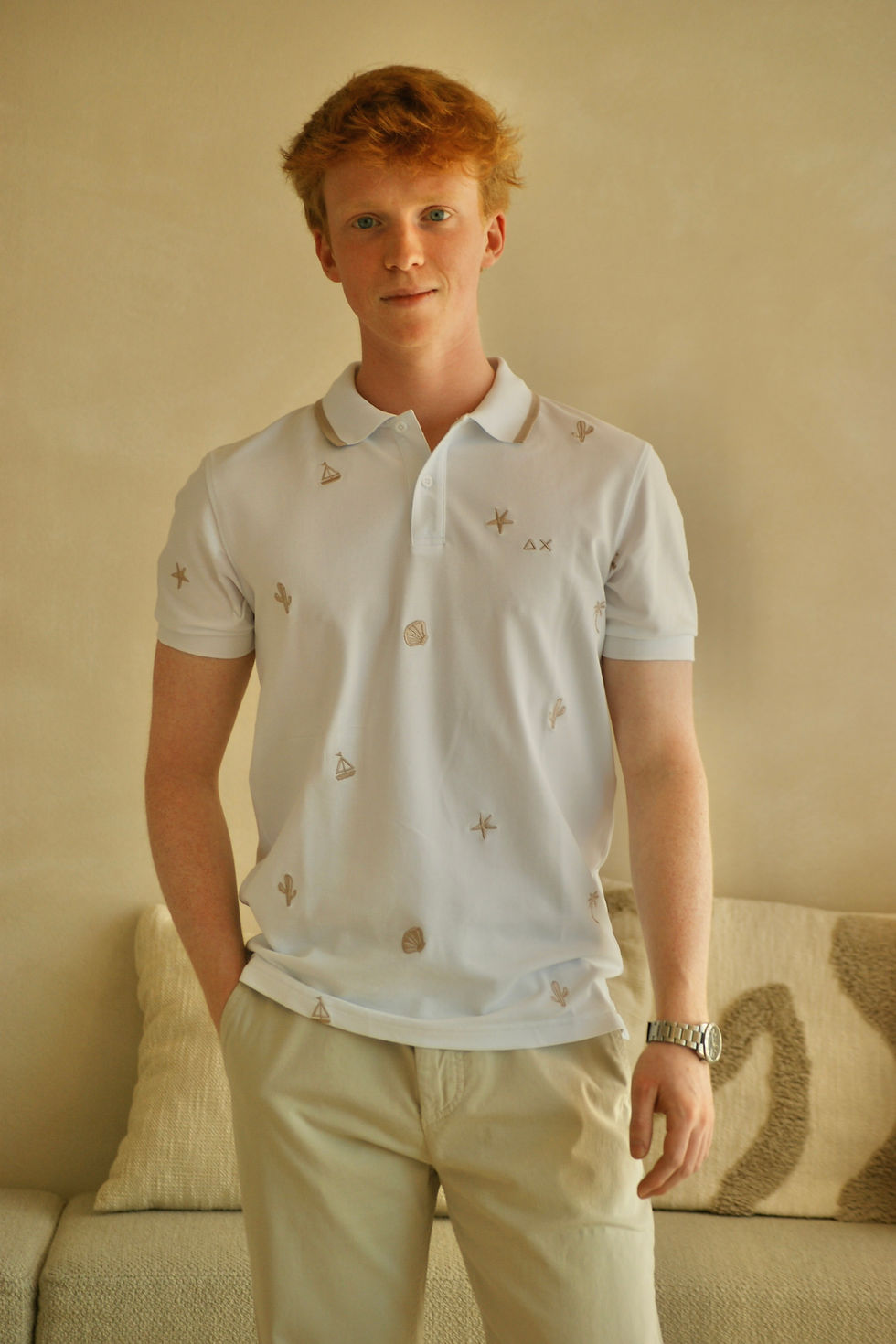 Thumbnail: 70179 Witte polo met beige fantasie-stikking Sun68