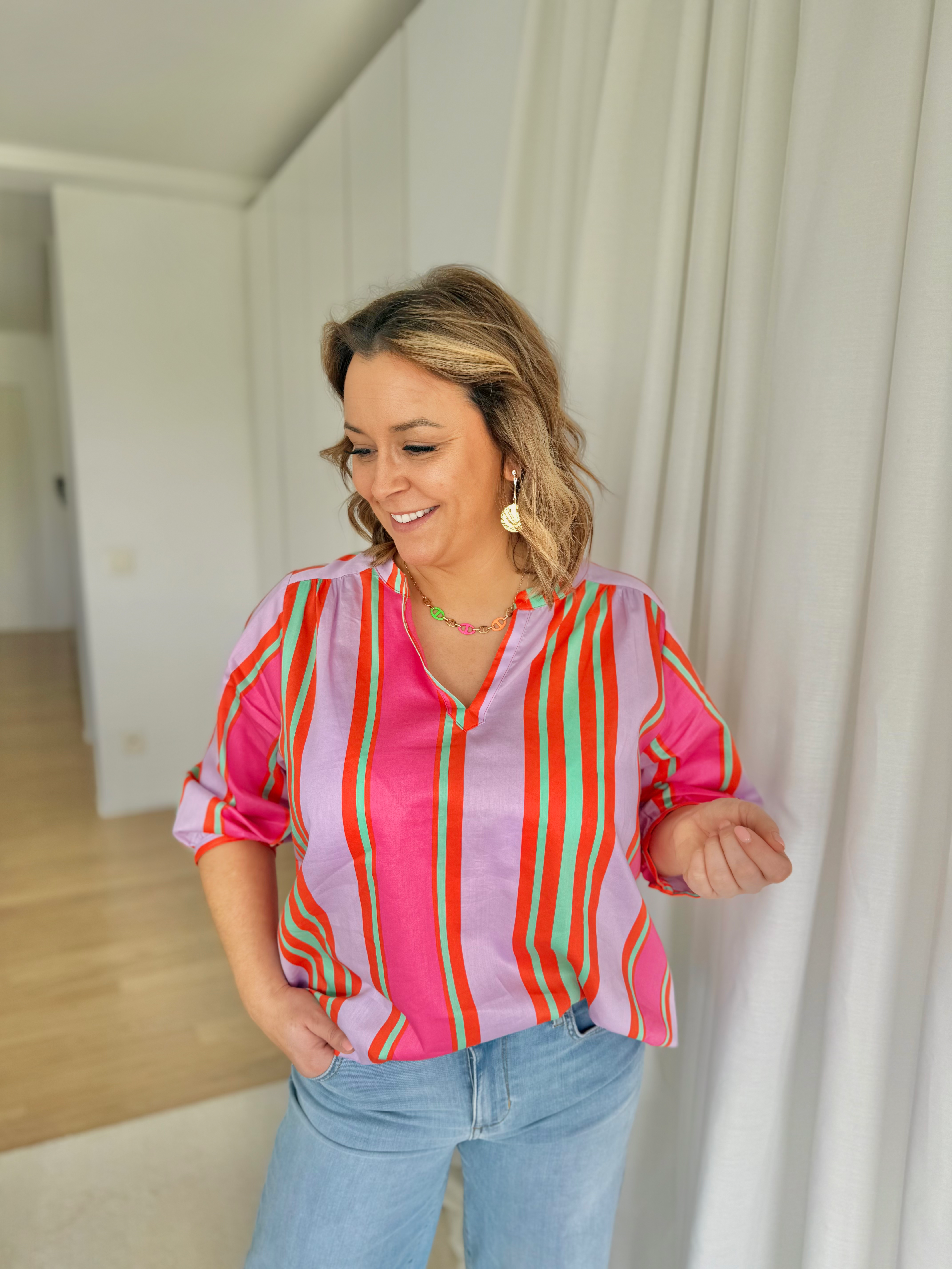 66176 Katoenen blouse in vrolijke multicolor strepen Milano