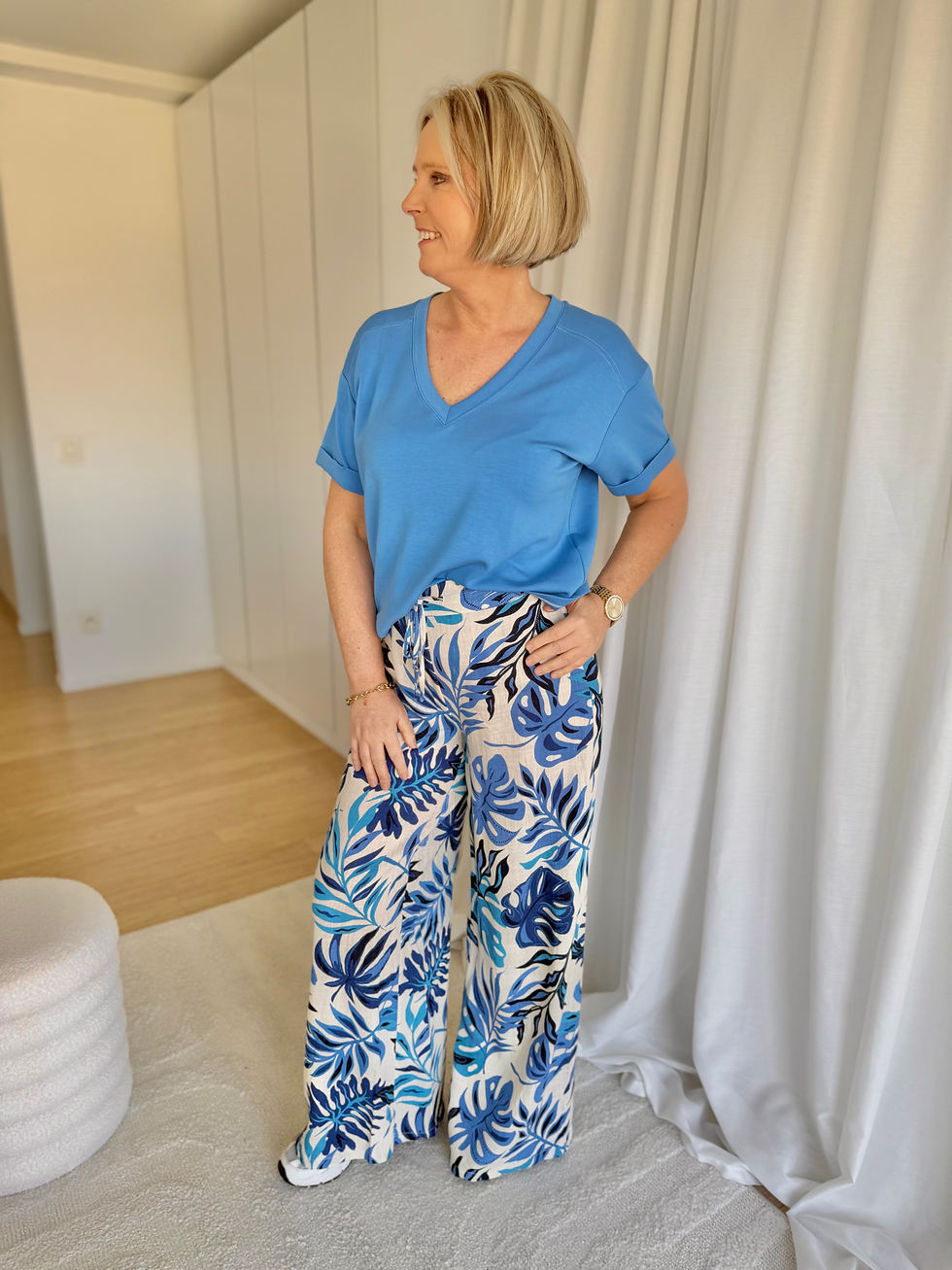 Thumbnail: 66934 Linnen multicolor broek op rek blauw/ecru Vila