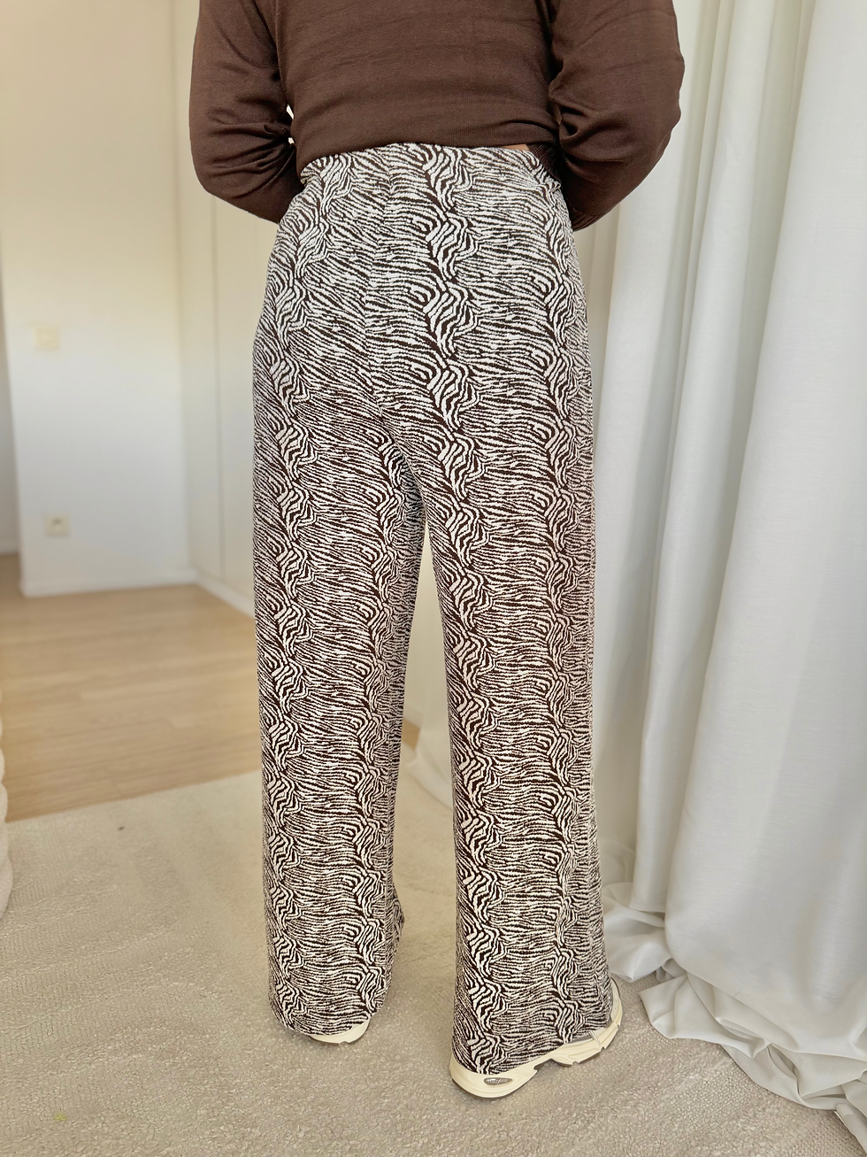 Thumbnail: 67915 Donkerbruine zebraprint broek op elastiek met wijde pijpen Ichi