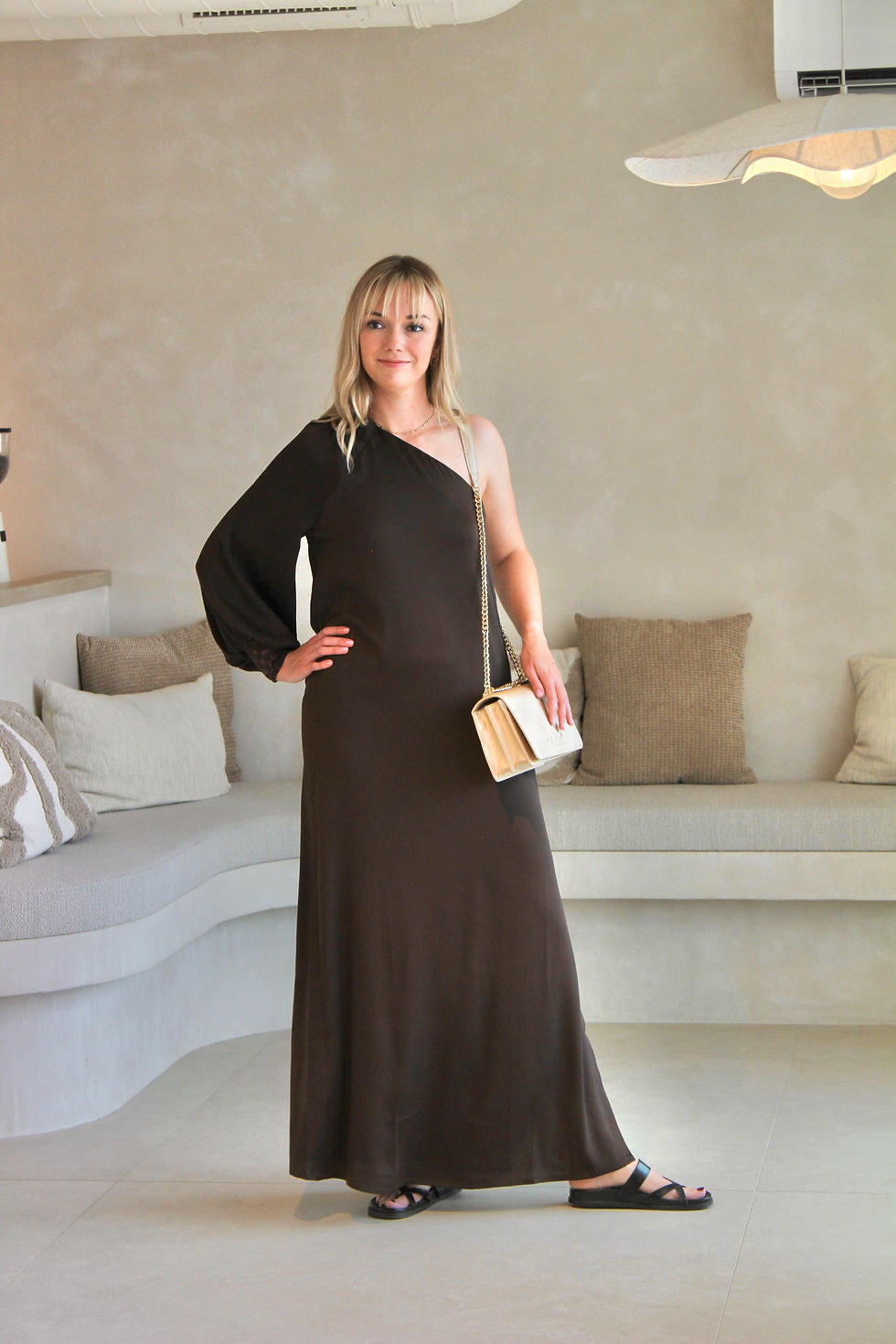 Thumbnail: 71354 Feestelijke one-shoulder jurk "Kansas" Brown La Lotti