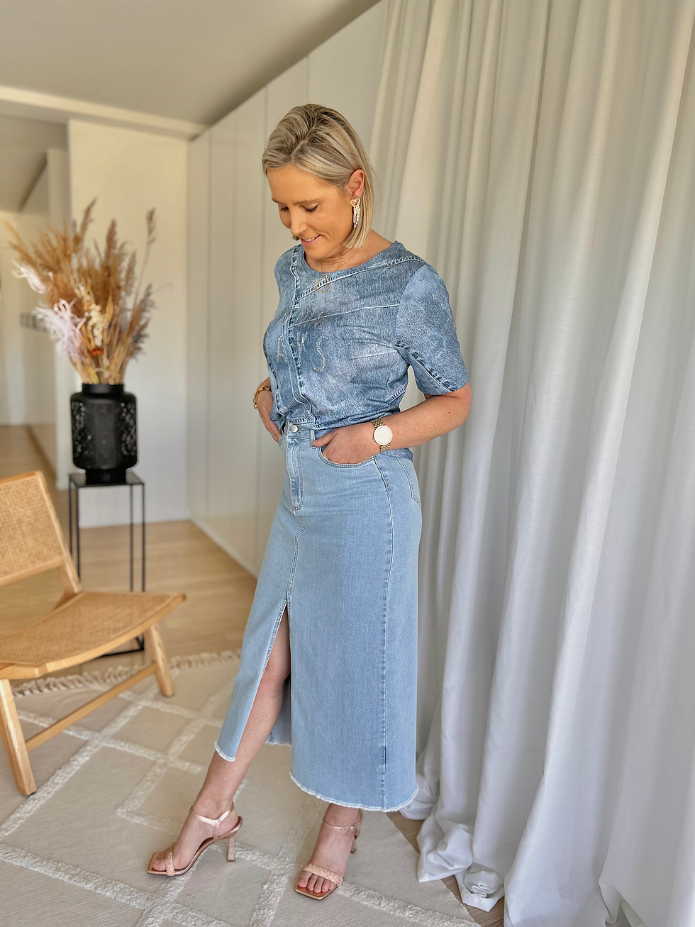 Thumbnail: 63071 T-shirt stretch-kwaliteit in jeans-print Monari
