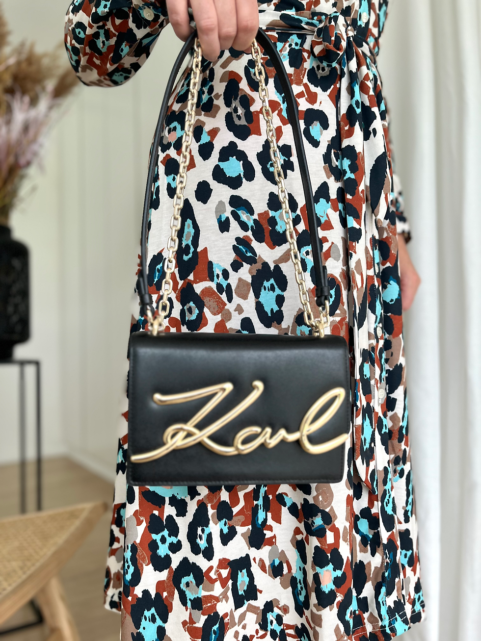 Thumbnail: 62547 Lange jurk met turquoise/camel leo print zachte stretch-kwaliteit Punto
