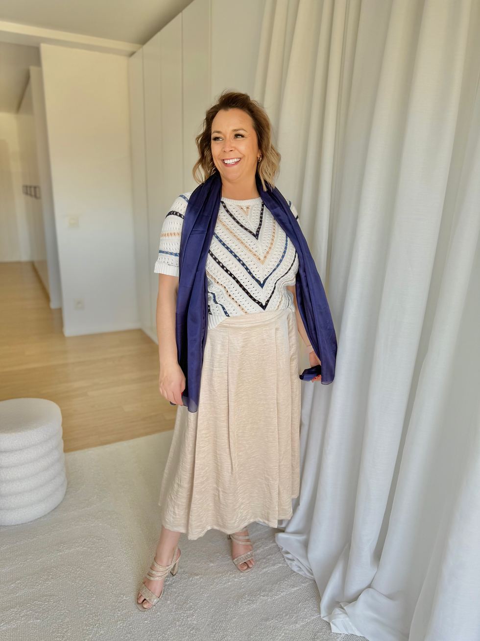 Thumbnail: 66370 Ecru katoenen trui met donkerblauw/beige patroon Marie Méro