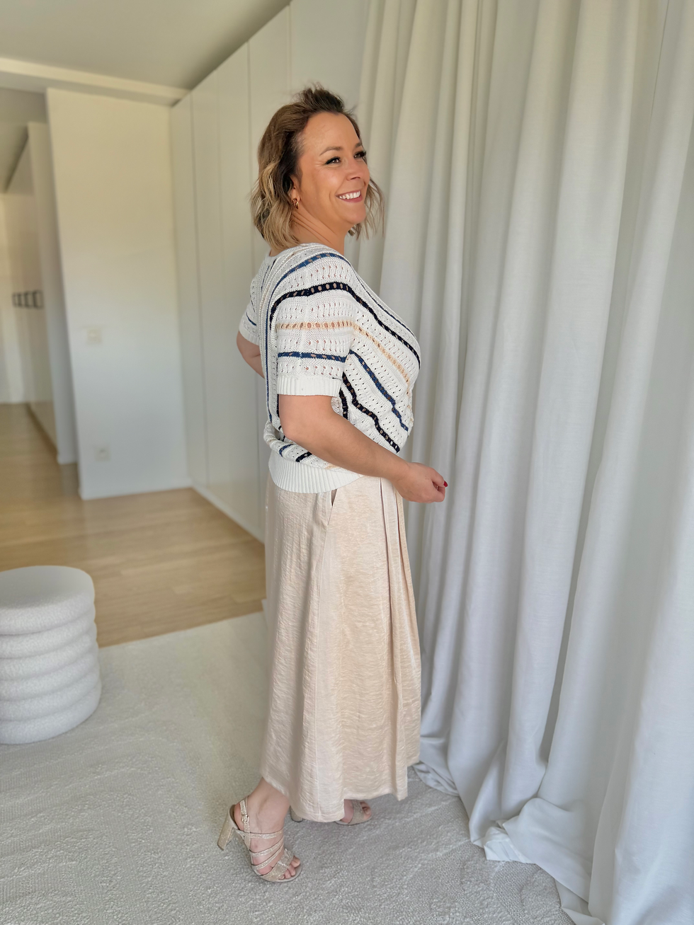 Thumbnail: 66370 Ecru katoenen trui met donkerblauw/beige patroon Marie Méro