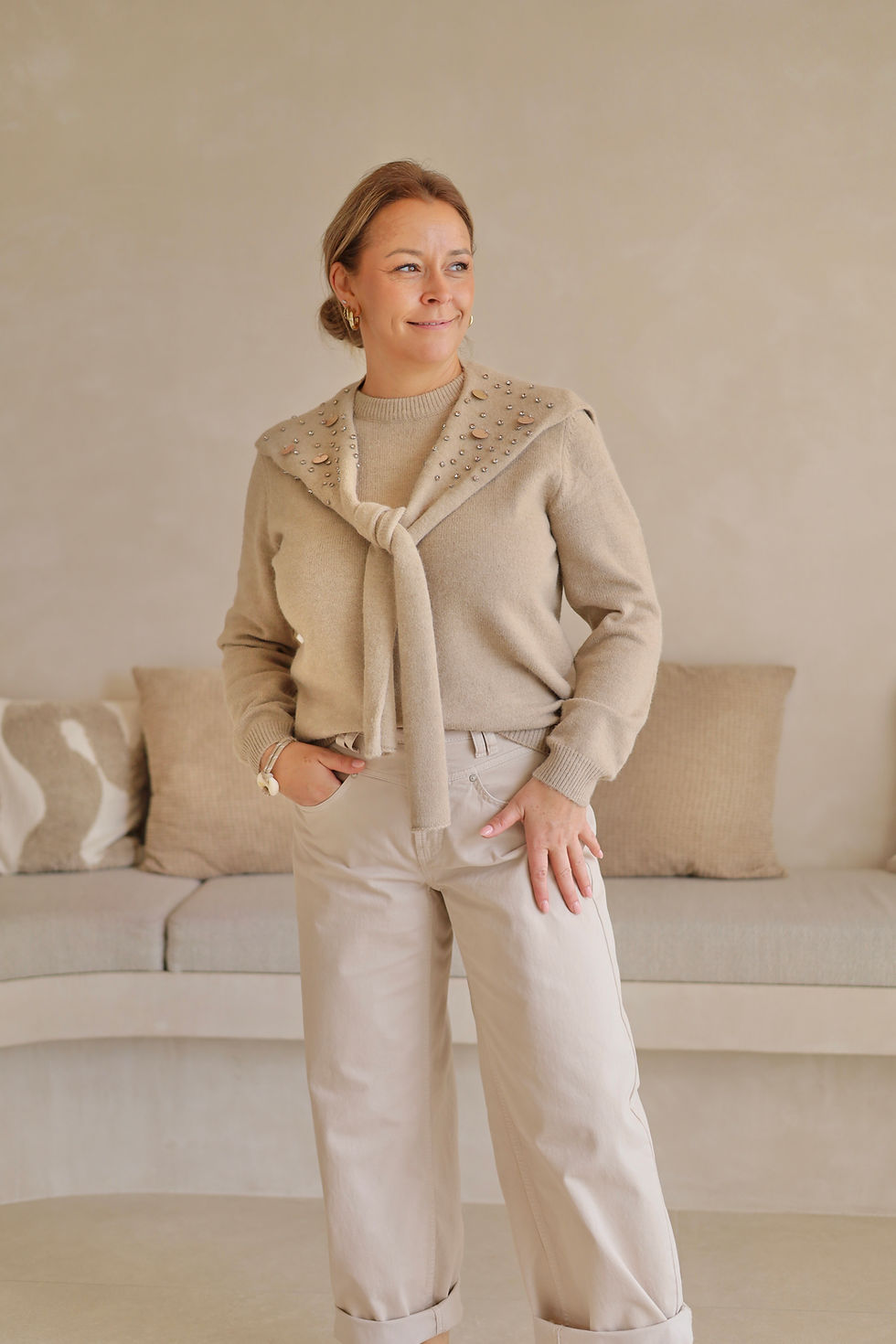 Thumbnail: 72370 Beige trui met bijpassende sjaal inclusief C&S The Label
