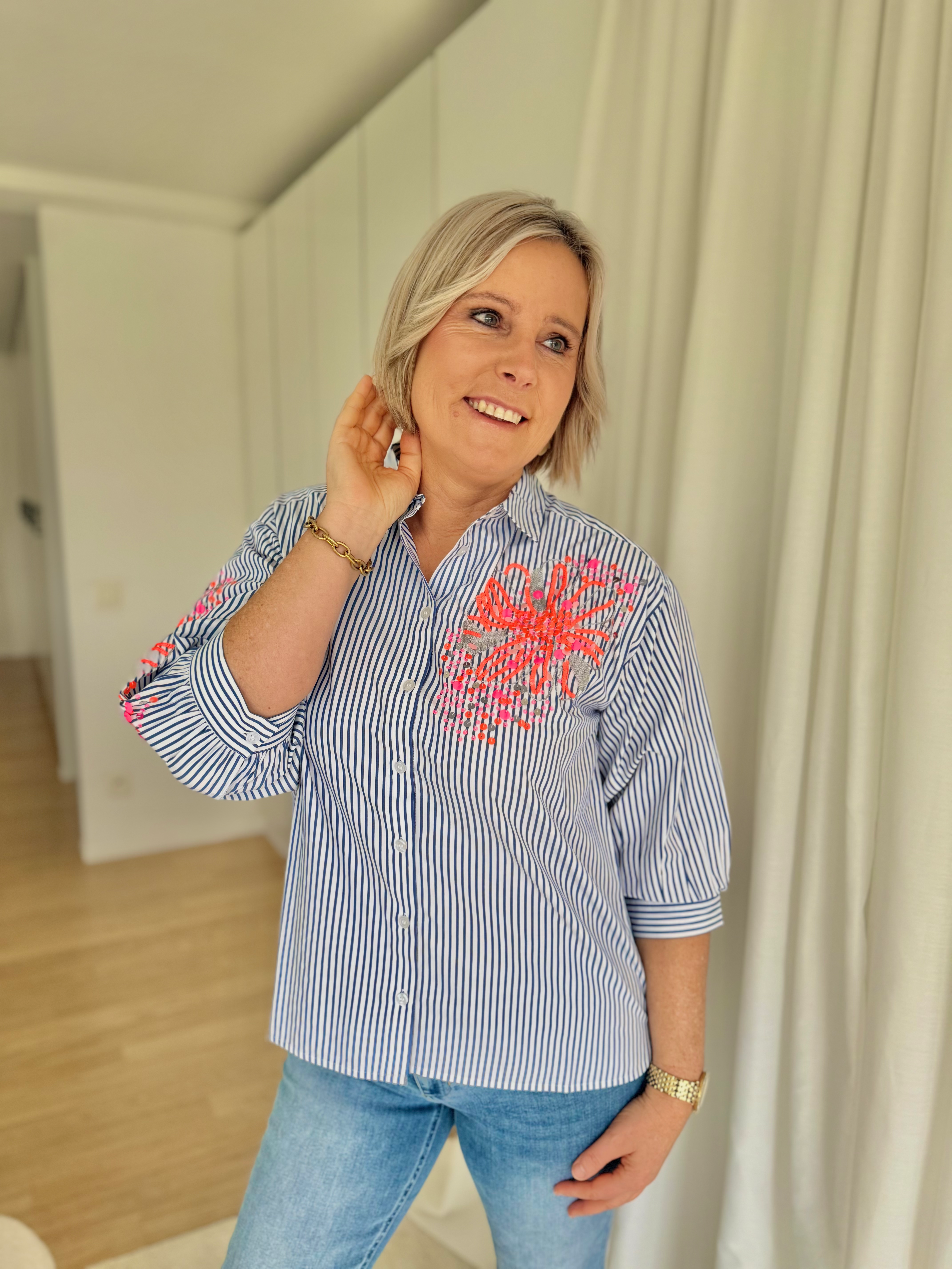 66538 Blauw gestreepte hemdsblouse met fantasie in pailletten Senso