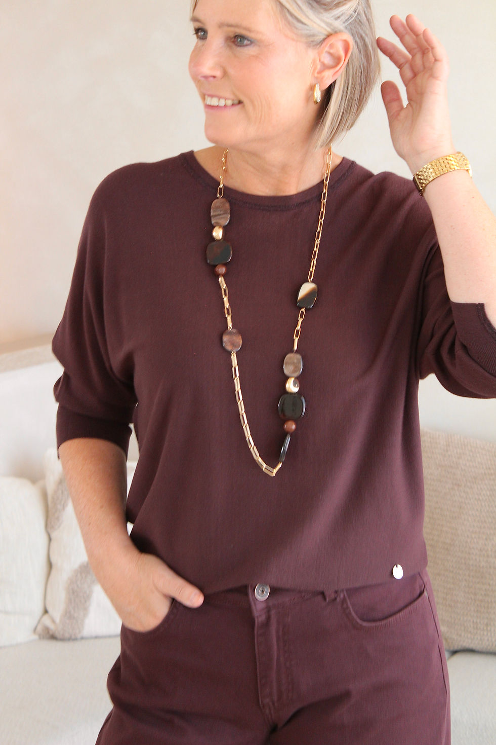 Thumbnail: 70842 Bordeaux trui losser model in fijne kwaliteit Xandres