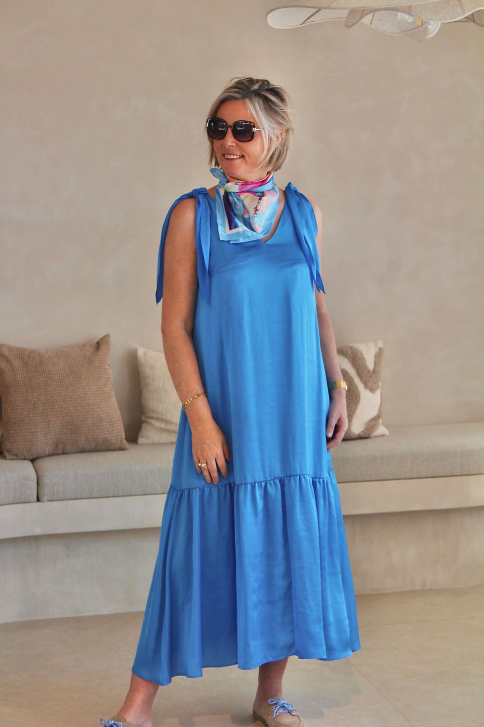 Thumbnail: 69907 Blauw satijn-look zomerjurk Atmos