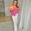 Thumbnail: 66550 Losse blouse in rijkelijke bi-color oranje/fuchsia print Senso