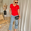 Thumbnail: 63811 Rood t-shirt gecentreerd model met logo in strass Liu Jo