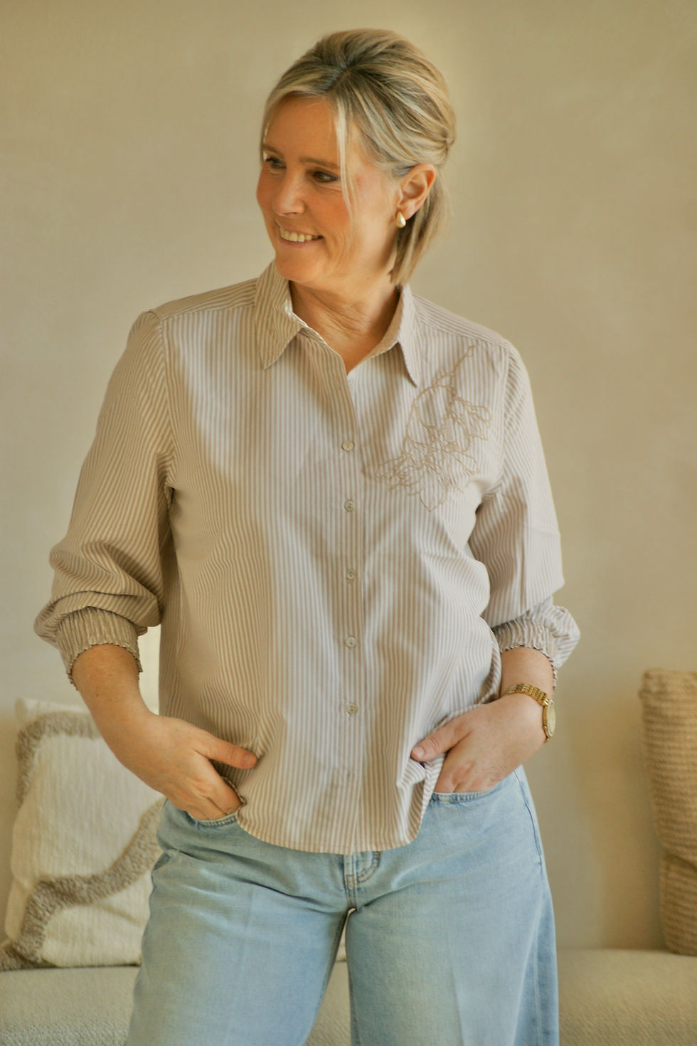 Thumbnail: 68694 Katoenen hemd met beige streep en fantasie Freequent