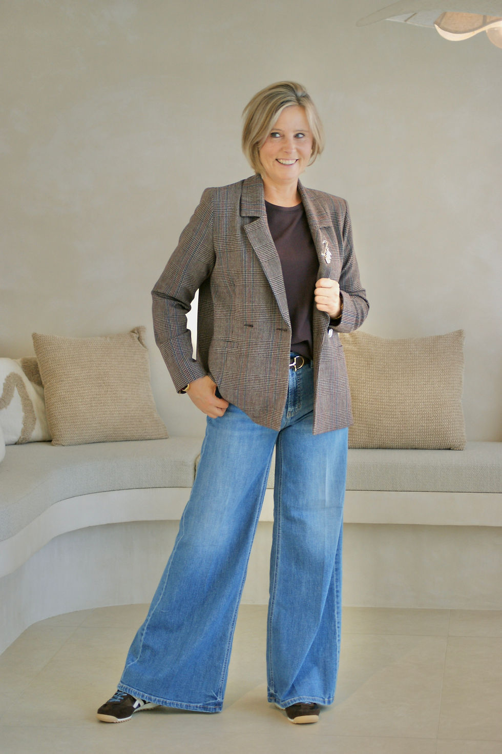 Thumbnail: 71624 Blazer in bordeaux/blauw ruitpatroon met bedels Caroline Biss
