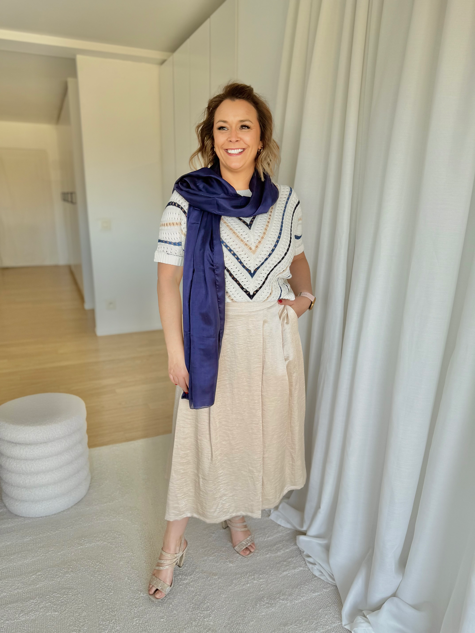 Thumbnail: 66370 Ecru katoenen trui met donkerblauw/beige patroon Marie Méro
