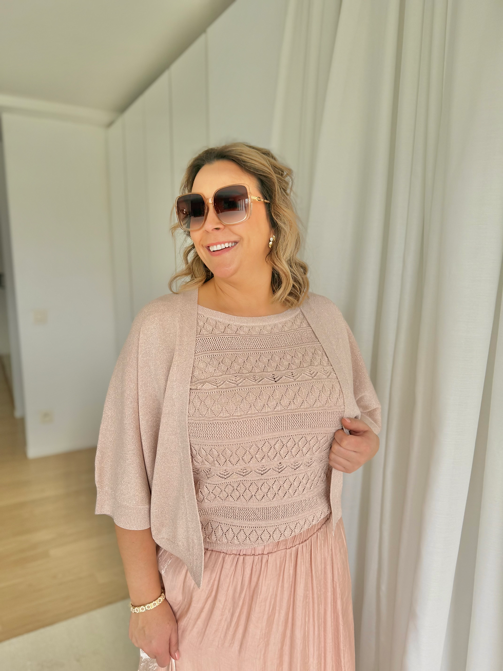 Thumbnail: 66489 Rosé gouden cardigan in fijne glitterkwaliteit Atmos