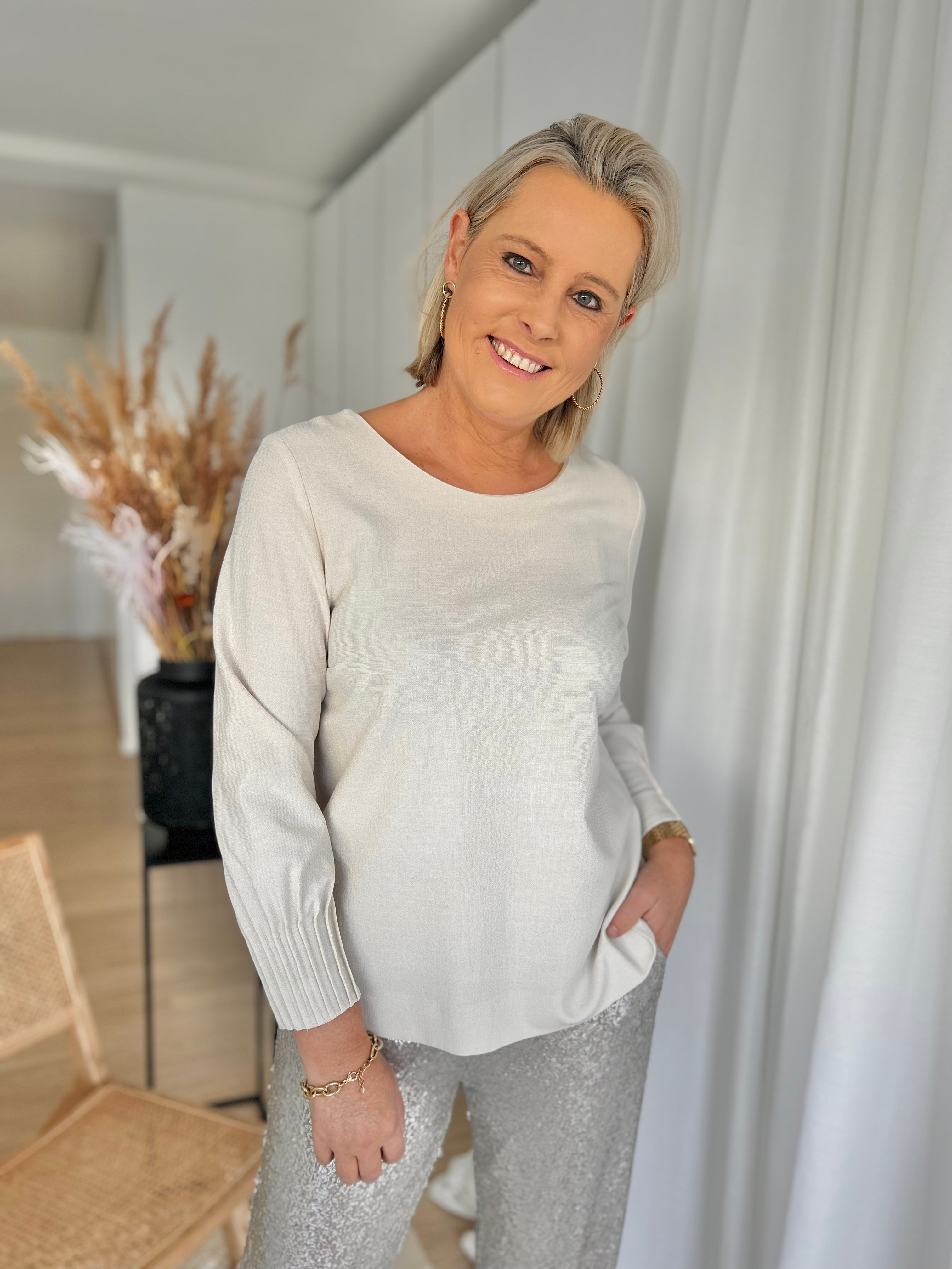 61225 Ecru blouse geklede stof met ritssluiting achteraan Xandres