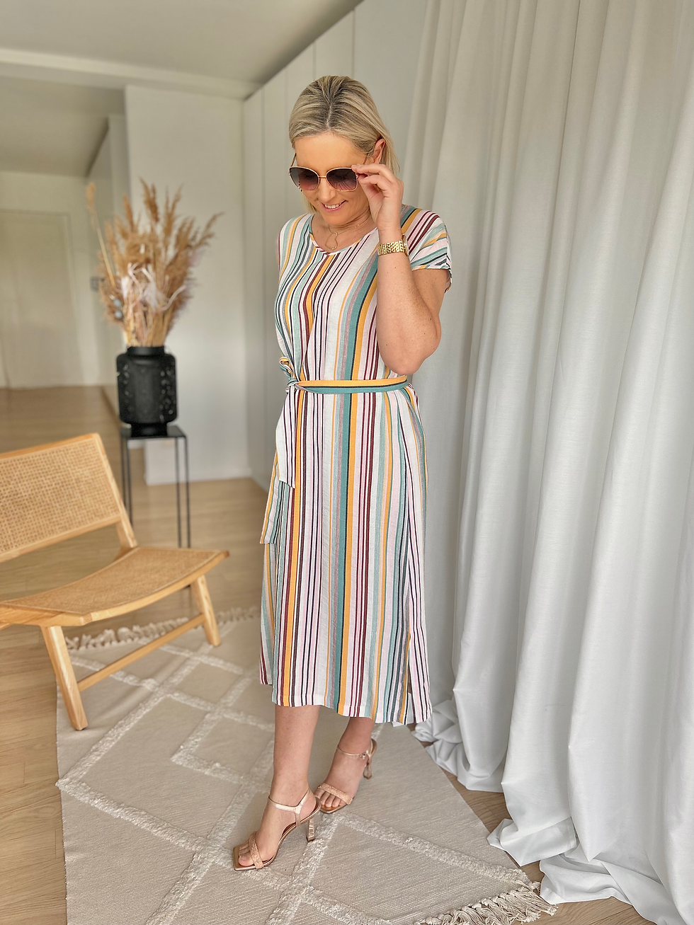 Thumbnail: 62879 Lange jurk in linnenkwaliteit multicolor strepen Terre Bleue