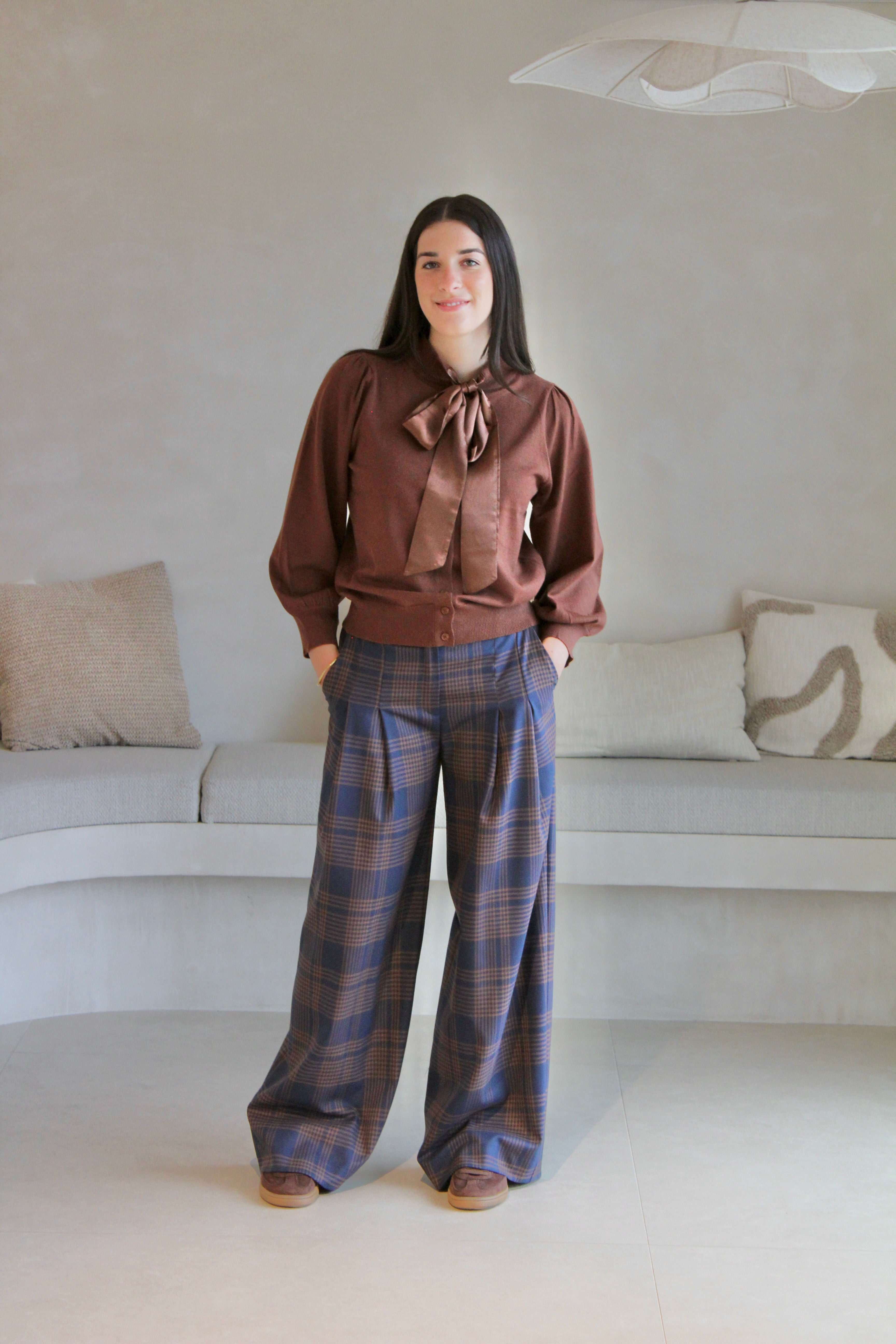 71502 Broek met ruitpatroon donkerblauw/cognac Senso