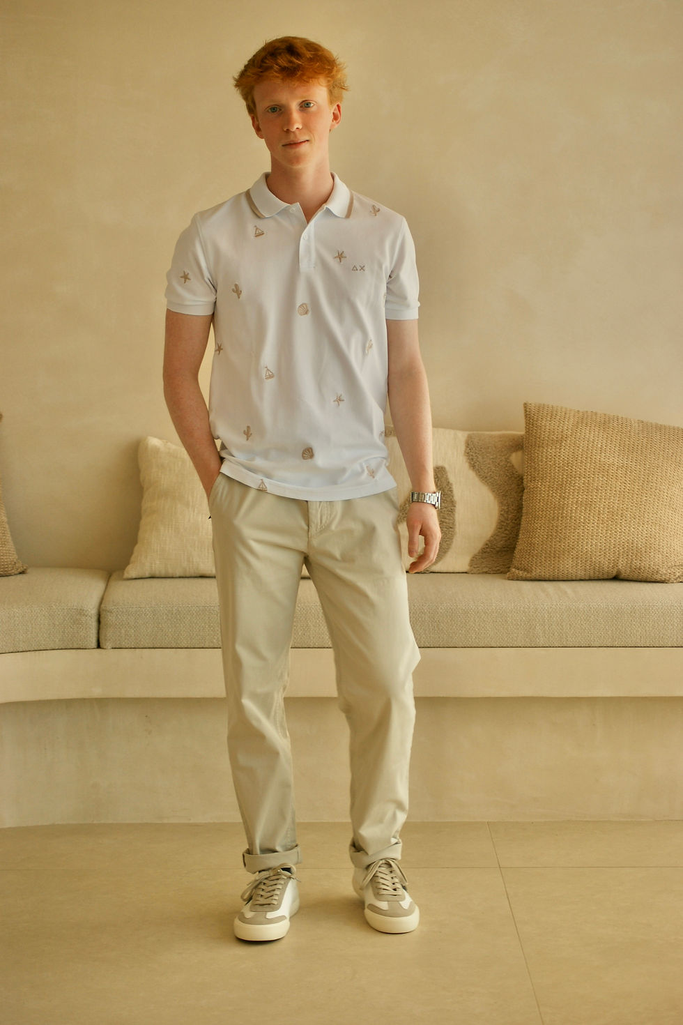 Thumbnail: 70179 Witte polo met beige fantasie-stikking Sun68
