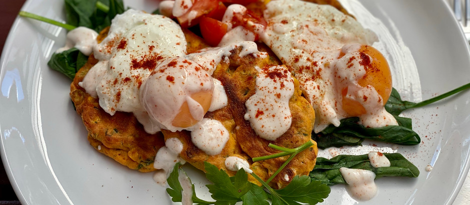 Spiced Corn Fritters with Spinach & Poached Eggs