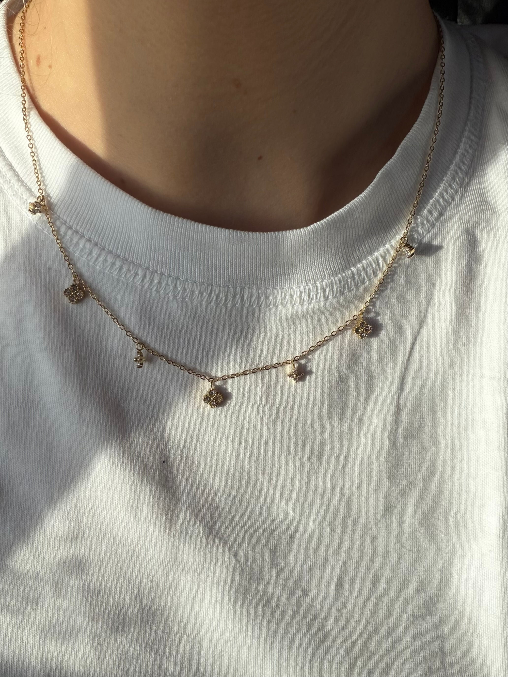 Clover And Diamond Necklace-Goud/Zilver