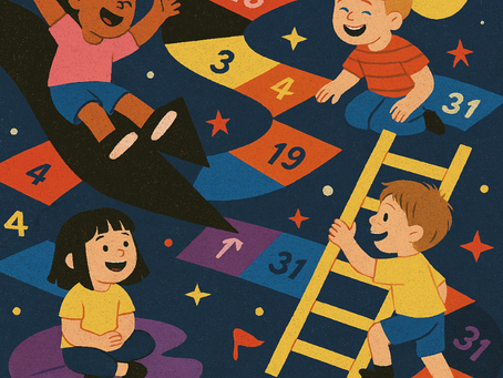Four children playing a "Chutes and Ladders" style game. 