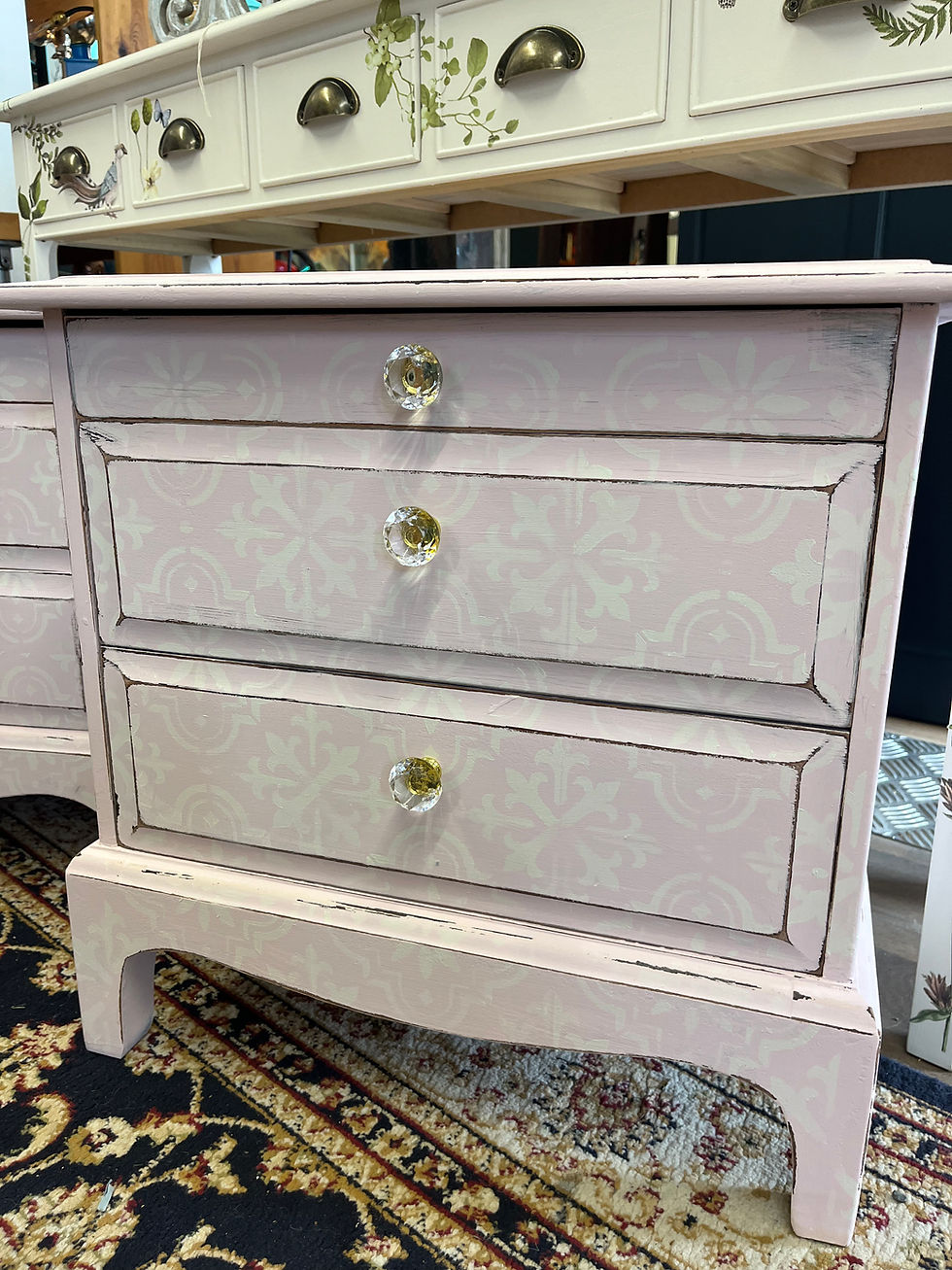 Thumbnail: Two pale pink with off white pattern bedside tables
