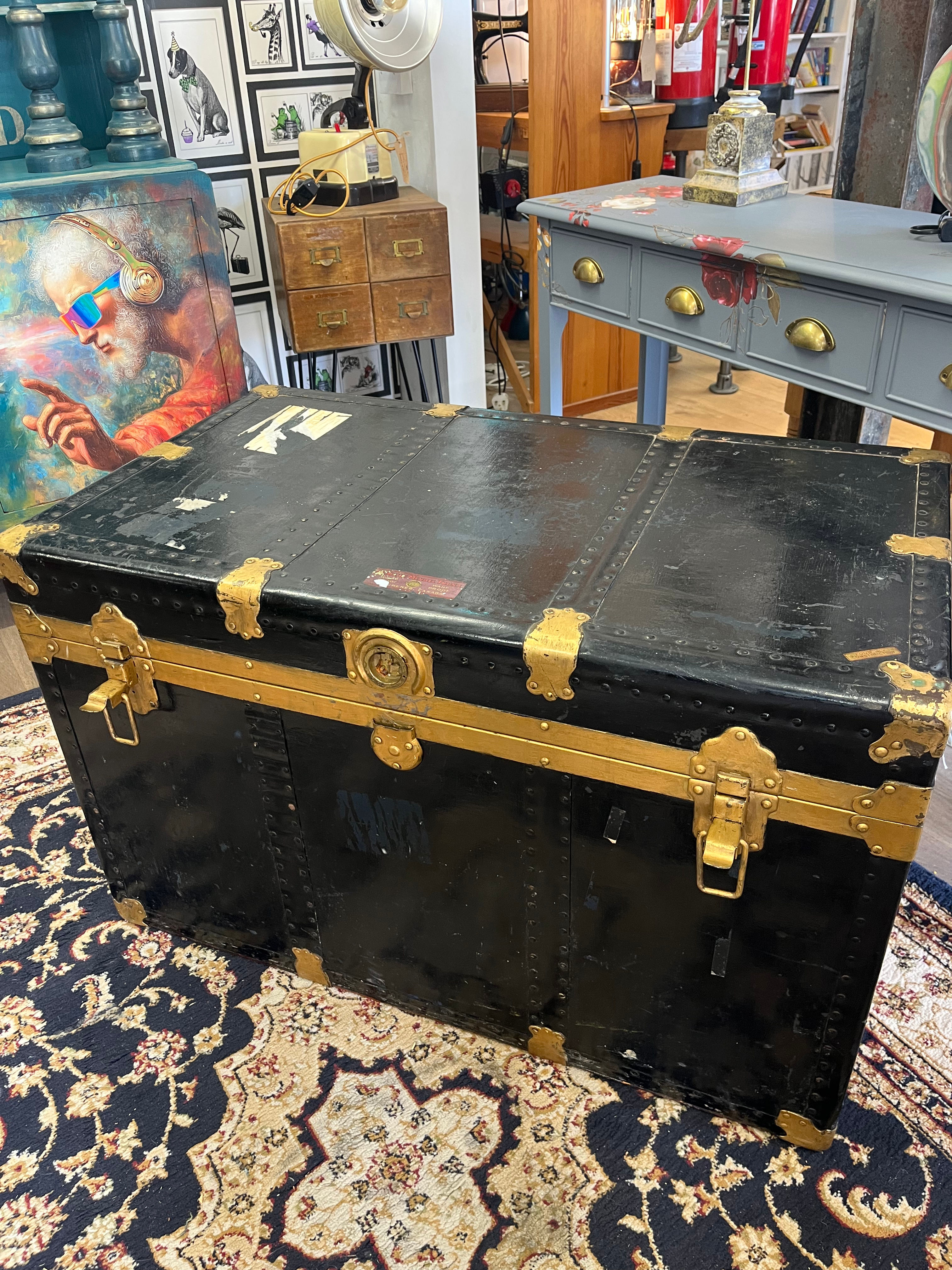 Large vintage solid steamer trunk