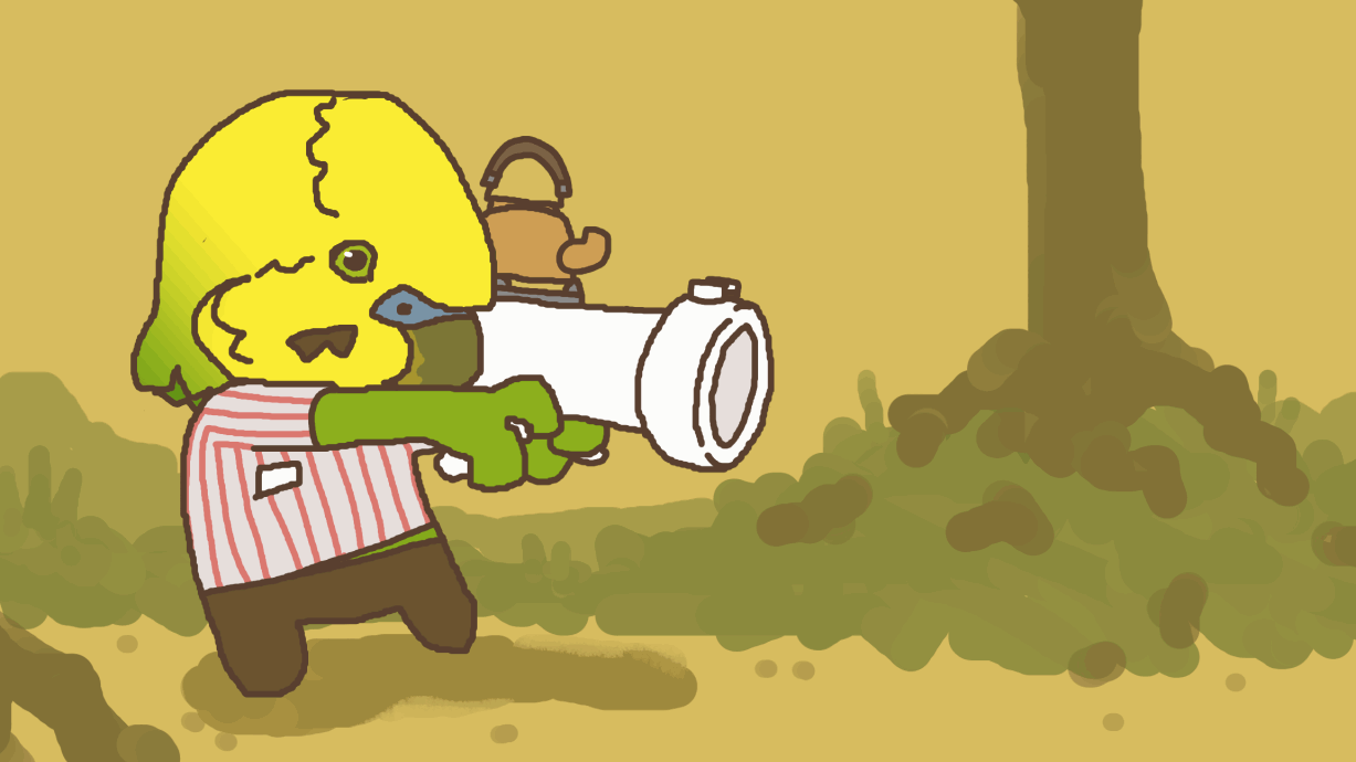 Animated GIF of budgie person shooting potato gun