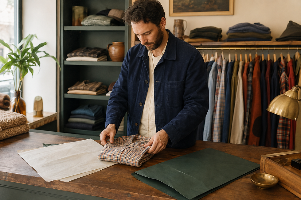 Staff member folding a vintage checked shirt at an online vintage shop in London.