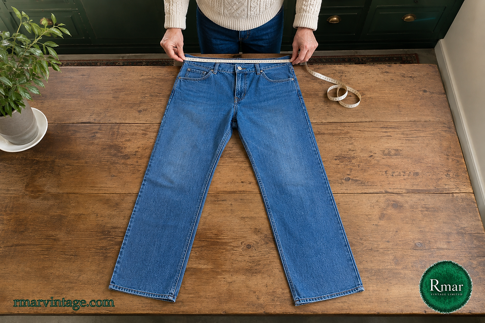 Vintage clothing curator measuring the laid-flat waistband of complete blue jeans on a wooden worktable.