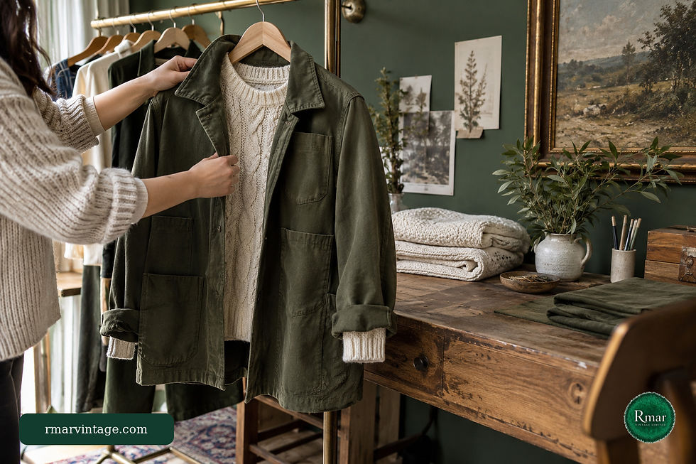 Hands styling an olive chore jacket over cream cable knitwear in a private online vintage workroom, with RMAR branding.