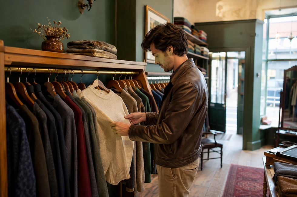 Customer examining cream knitwear inside a premium London vintage clothing shop.