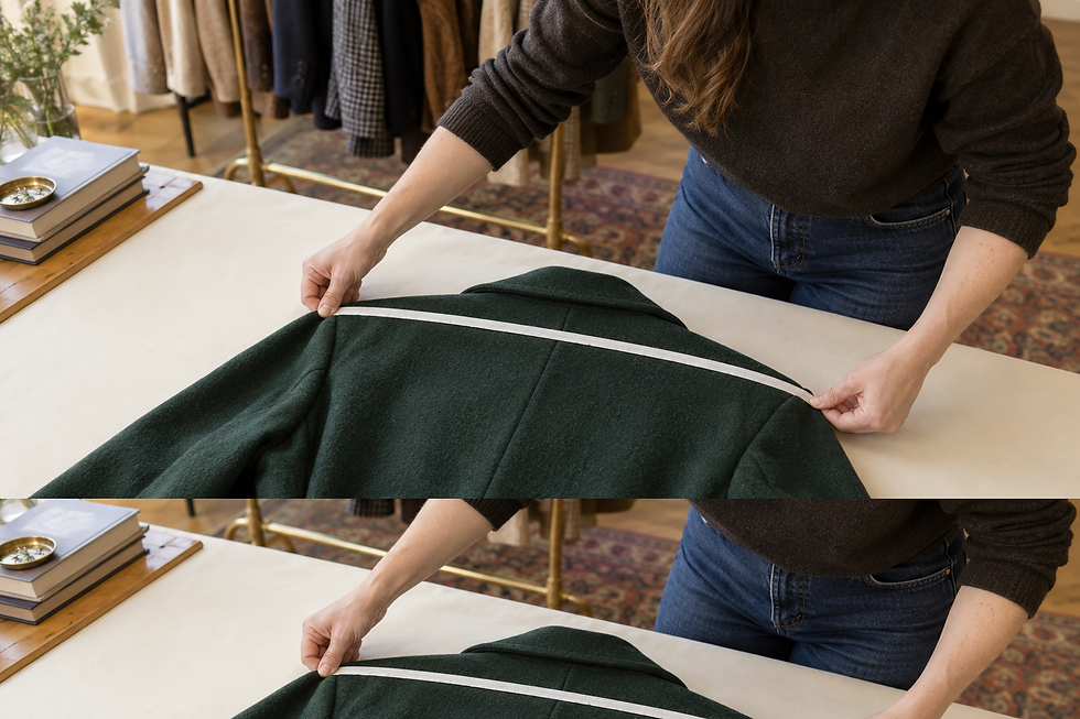 Vintage clothing curator measuring the shoulders of a forest-green overcoat laid flat on a cream table.