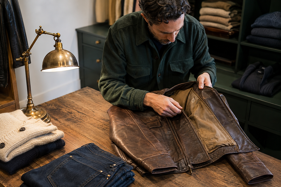 Vintage clothing curator inspecting the seams and lining of a brown leather jacket.
