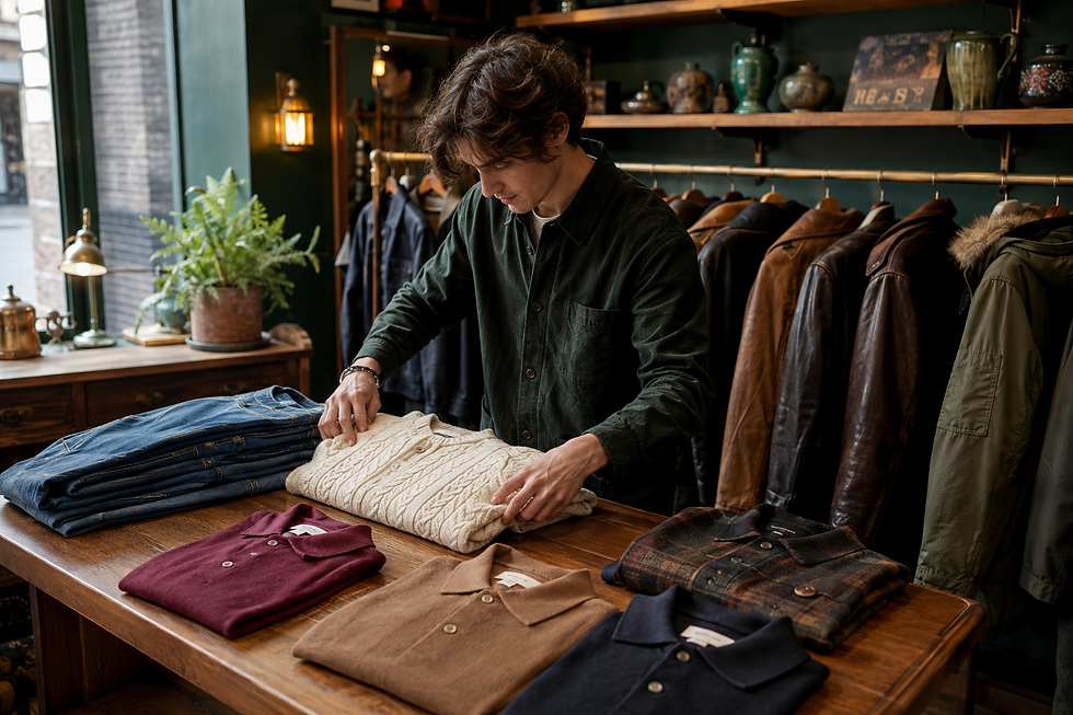 Vintage clothing curator arranging denim, knitwear and polo shirts inside a London shop – Rmar Vintage