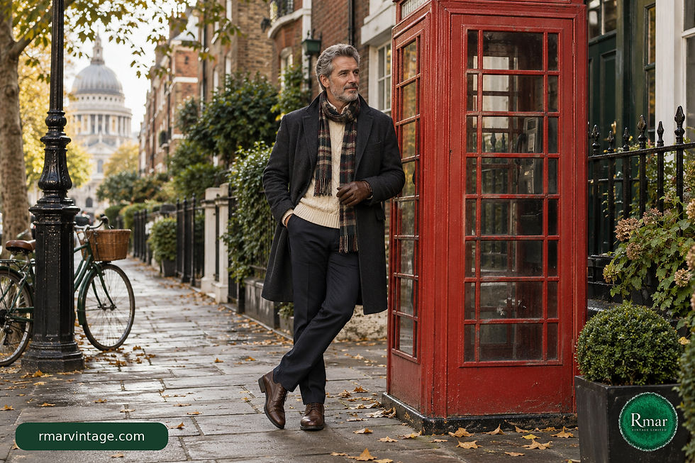 Man wearing a patterned scarf and brown leather gloves beside a red London telephone box.