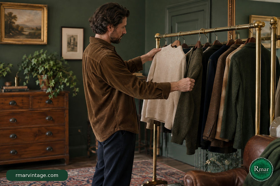Man in a brown corduroy overshirt comparing neutral garments on a brass clothing rail.