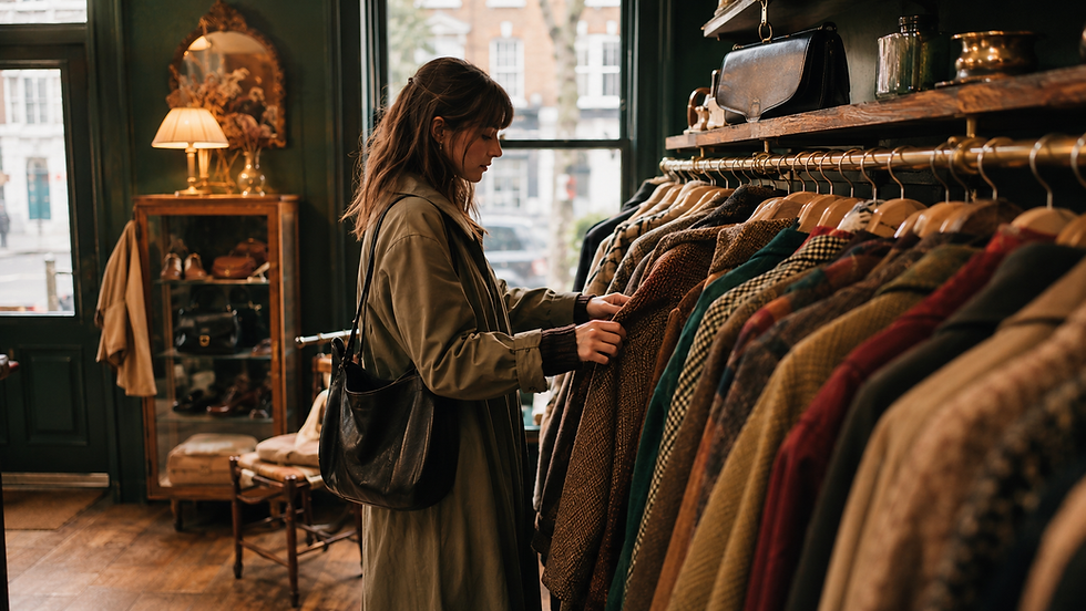 Rmar Vintage London customer choosing sustainable pre-owned vintage clothing