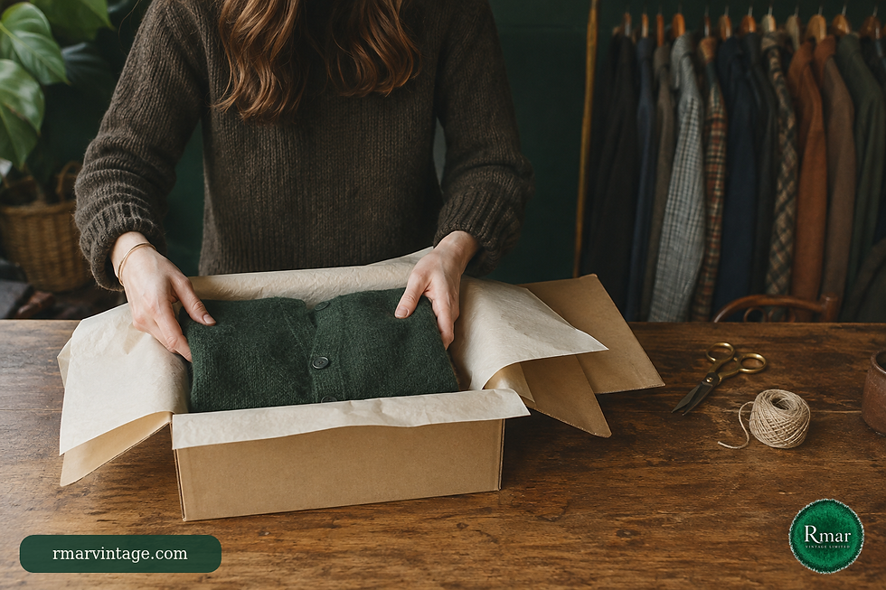 Staff member folding a forest-green vintage cardigan into cream tissue inside a packing box.