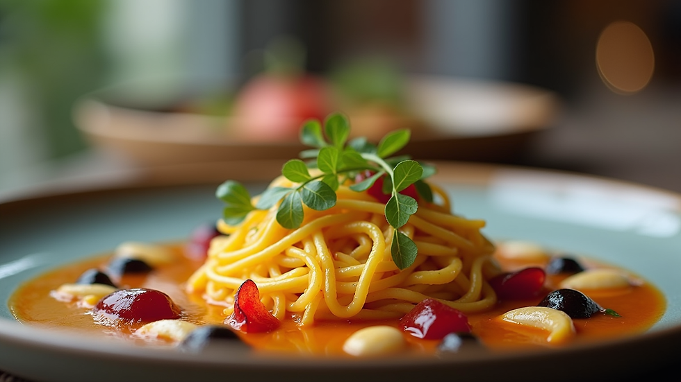 Close-up view of a gourmet dish with vibrant colours and artistic plating