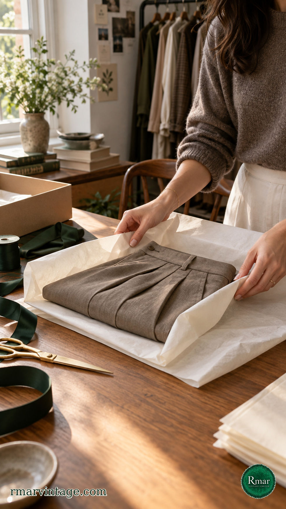 Hands folding pleated taupe vintage-style trousers into cream tissue for an online order.