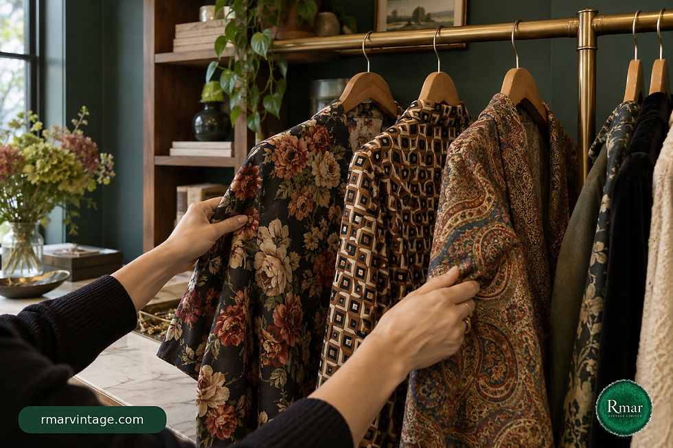Hands comparing floral, geometric and paisley garments on a brass rail in a private online vintage workroom.