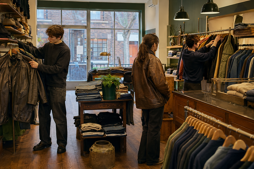 Customers browsing leather jackets, denim and knitwear inside a London vintage shop – Rmar Vintage