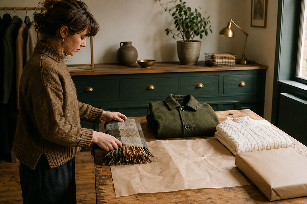 Vintage clothing curator folding a checked wool scarf beside an olive coat and cream knitwear for an online order.