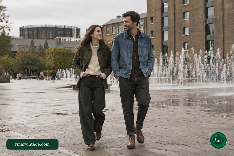 Two adults wearing vintage-inspired workwear layers at Granary Square in London, with RMAR branding.